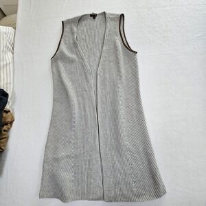 Talbots Womens Grey Shaker Knit Long Sweater Vest Faux Leather Trim Size S